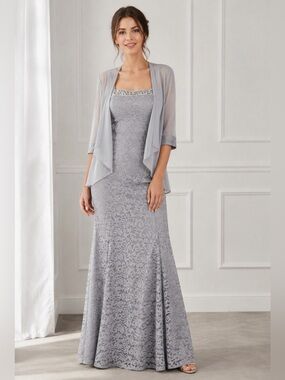 R&M Richards Silver Lace Maxi Dress with Sheer Jacket